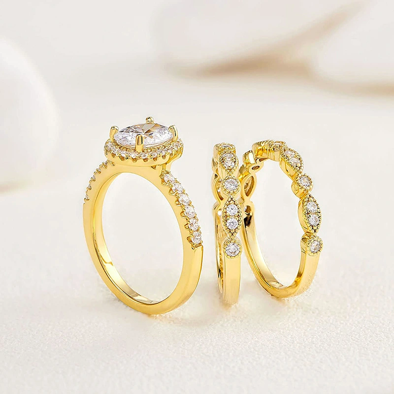  Wedding niche oval ring three-piece set fashionable French temperament ring popular wedding jewelry
