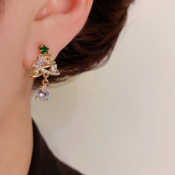  European and Korean light luxury exquisite earrings for women inlaid with zircon Christmas tree earrings fashionable Christmas trend hot items
