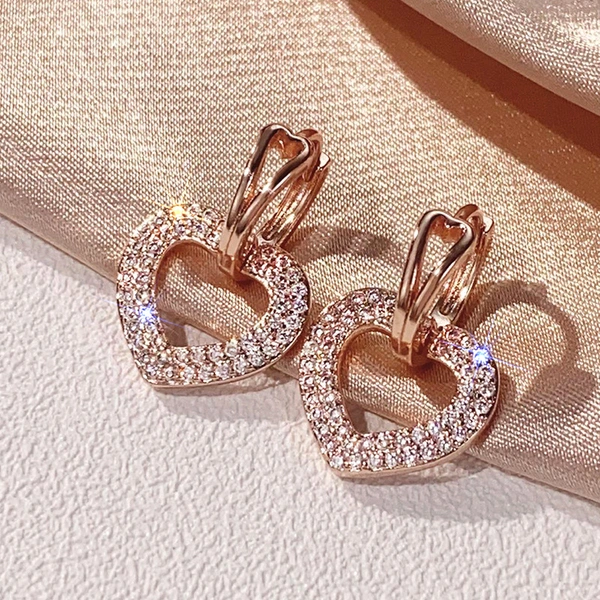  Micro-inlaid zircon sparkling earrings for women, fashionable heart hollow design earrings, sweet style for daily wear
