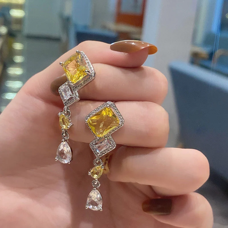 French light luxury square diamond tassel earrings for women niche design internet celebrity inlaid zircon earrings temperament accessories