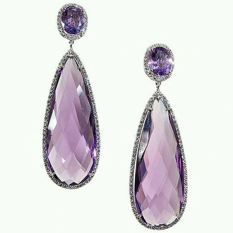 European and American purple pendant earrings, teardrop pear-shaped colored diamond earrings, luxurious and versatile dress accessories