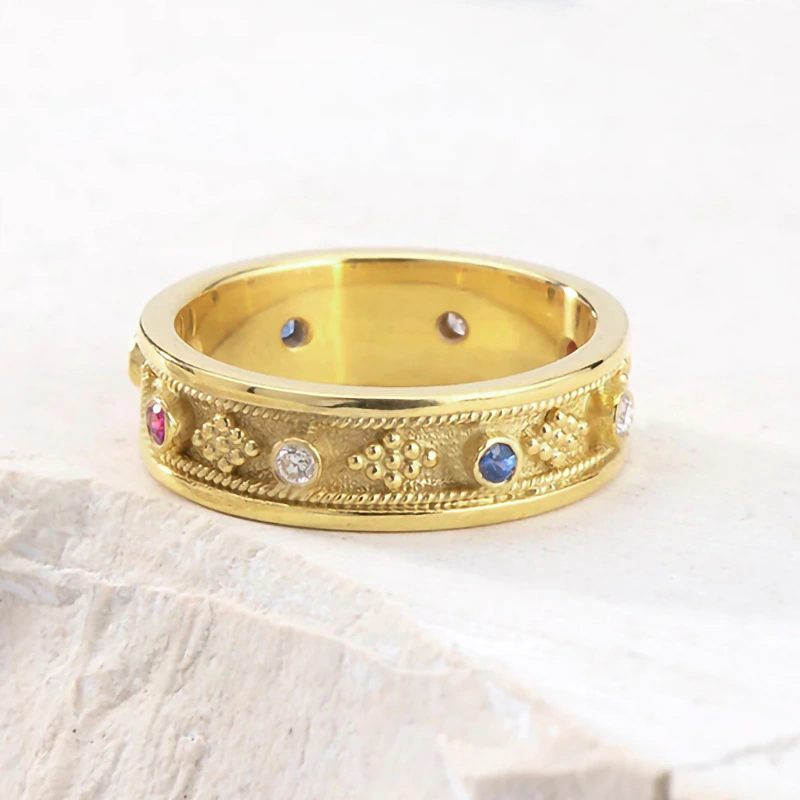  European and American colored inlaid zircon rings fashionable geometric light luxury style rings popular jewelry