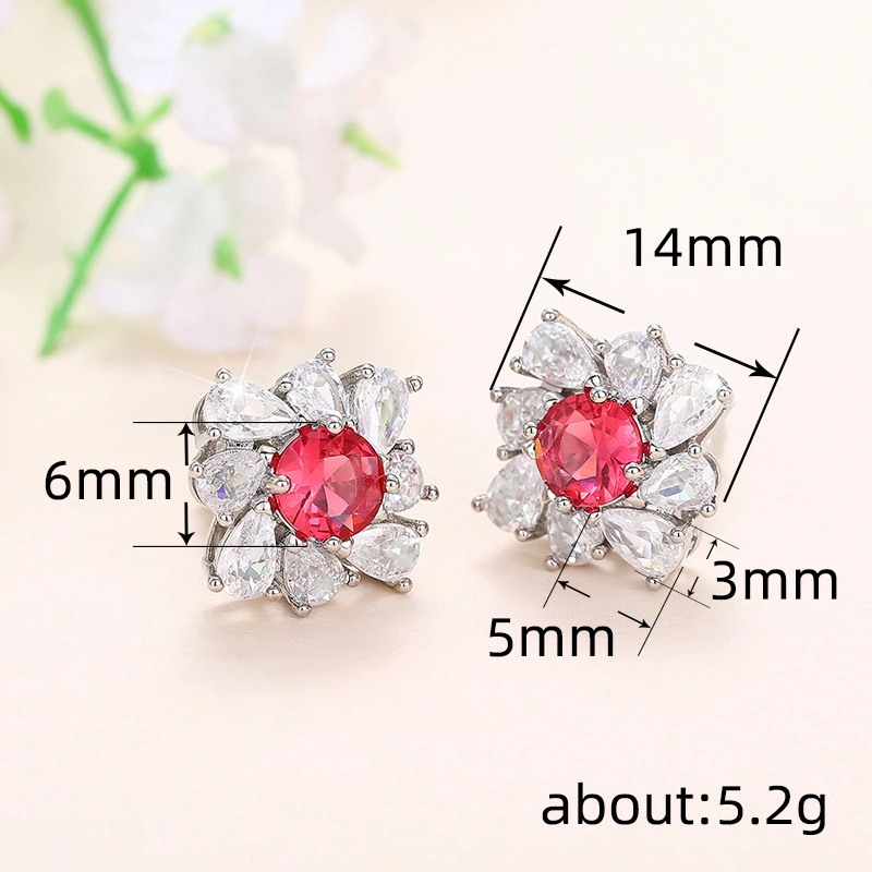  High-end luxury earrings imitation pigeon blood red diamonds surrounded by pear-shaped teardrop earrings flower earrings for women