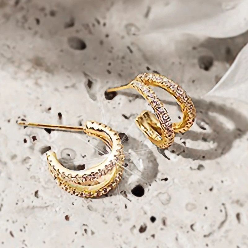  Exquisite light luxury temperament micro-inlaid zircon earrings fashionable C-shaped earrings commuter versatile Korean earrings
