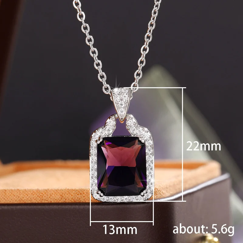 European and American light luxury fashion colored gemstone necklace fat rectangular zircon large pendant personality full diamond women's clavicle chain