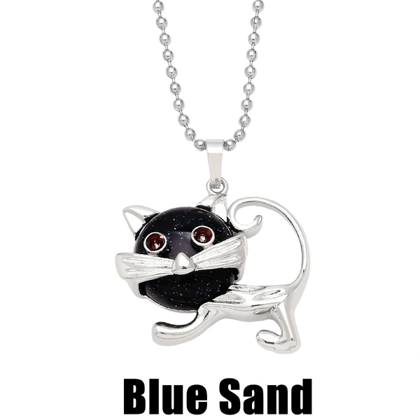 European and American personality retro inlaid turquoise malachite cat pendant necklace female crystal agate accessories wholesale nkb580