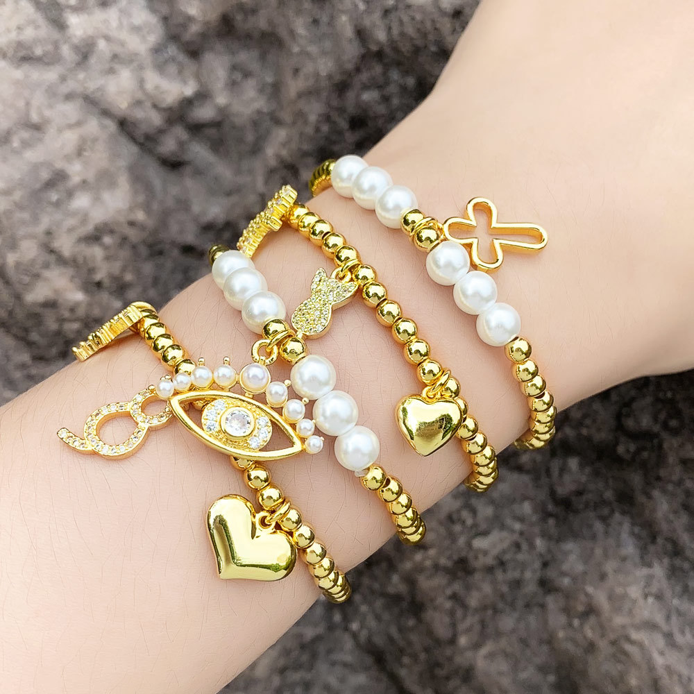European and American personality pearl bracelet female Internet celebrity fashion temperament bow heart cat bracelet hand jewelry brj40