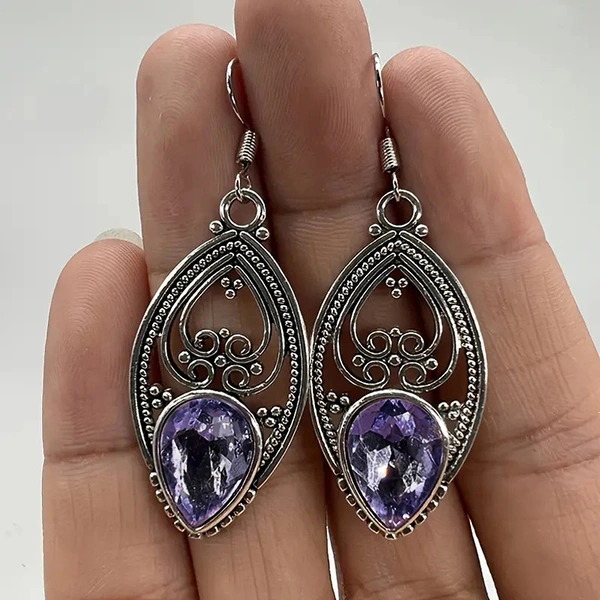  Retro alloy hollow purple earrings personality teardrop-shaped pendant ear hook floral design earrings