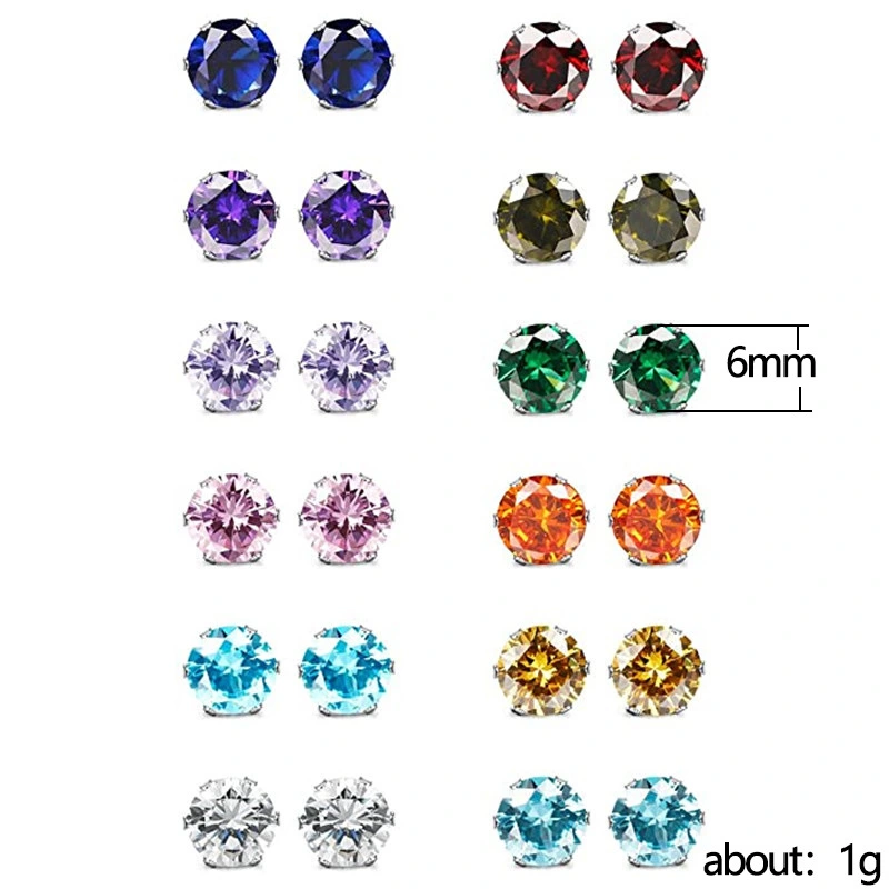 Hot selling classic six-claw colorful zircon earrings for men and women, mini colored gemstone earrings