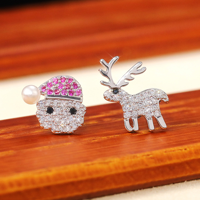 New Christmas gift earrings full of diamonds asymmetrical Santa Claus sika deer zircon earrings hot sale