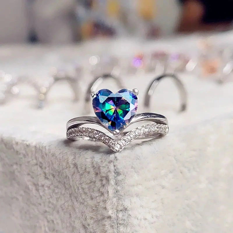 Luxury Crown Valentine's Day Ring New Micro-inlaid V-shaped Heart Ring Kuaishou Internet Celebrity Live Broadcast