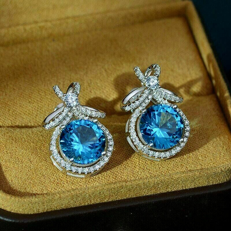  European and American geometric bow earrings for women, fashionable blue diamond and zircon earrings, fashionable and exquisite jewelry