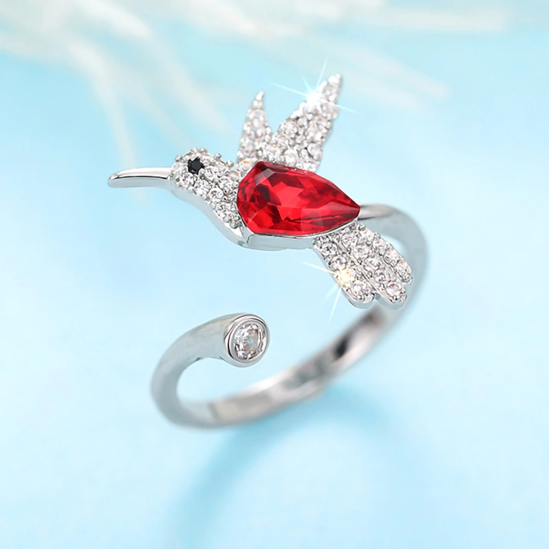  Fashionable niche design colorful ring female hummingbird open adjustable ring popular style