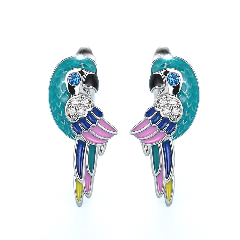 Hot selling ear clips from European and American manufacturers, oil dripping parrot bird jewelry, cute simulated animal zircon style