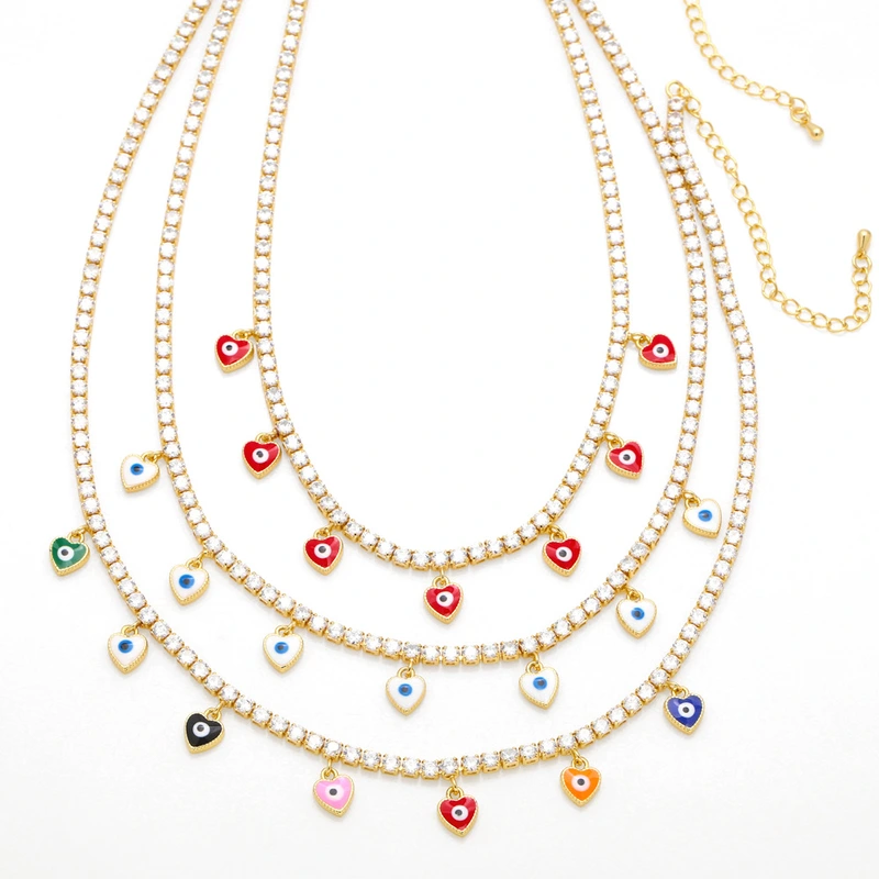 European and American hot-selling zircon tennis chain women's fashion niche oil drop heart-shaped devil eye pendant clavicle chain nkb034