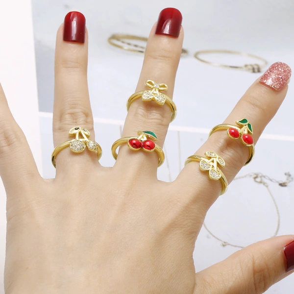 AS jewelry Europe and the United States hot selling full zircon fruit cherry ring copper plated real gold open ring female rir90