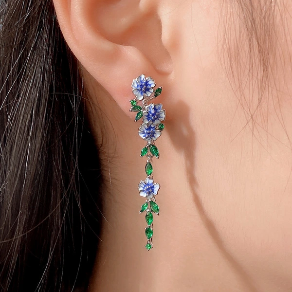 European and American natural long earrings for women, summer oil-drop flower zircon earrings, elegant accessories