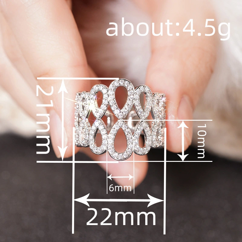  Metal micro-inlaid water drop ring opening adjustable hollow shining single ring fashionable light luxury women's jewelry