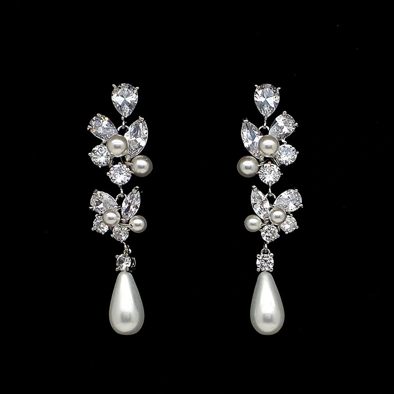 Gentle temperament long earrings flower imitation pearl high-end leaf water drop French earrings wholesale