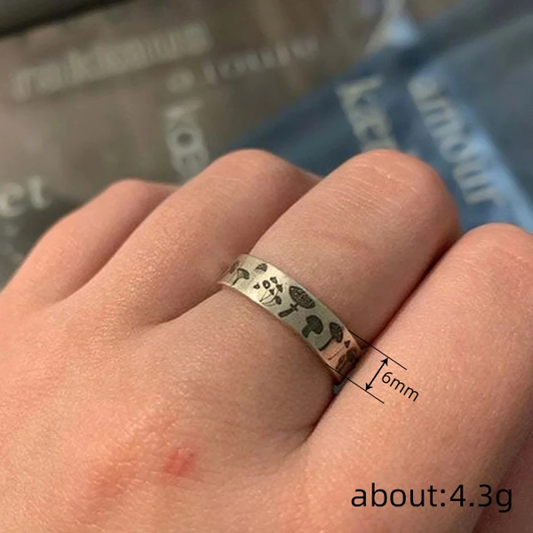  Metal blackened retro distressed ring for women, embossed mushroom pastoral ring, daily wear niche jewelry