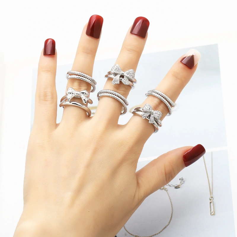 Clearance AS jewelry bow double ring gold-plated zircon open ring rik50