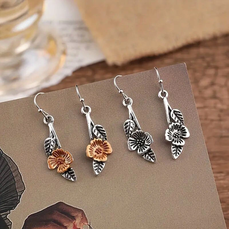 European and American new leaf flower earrings two-color retro niche simple earrings long earrings