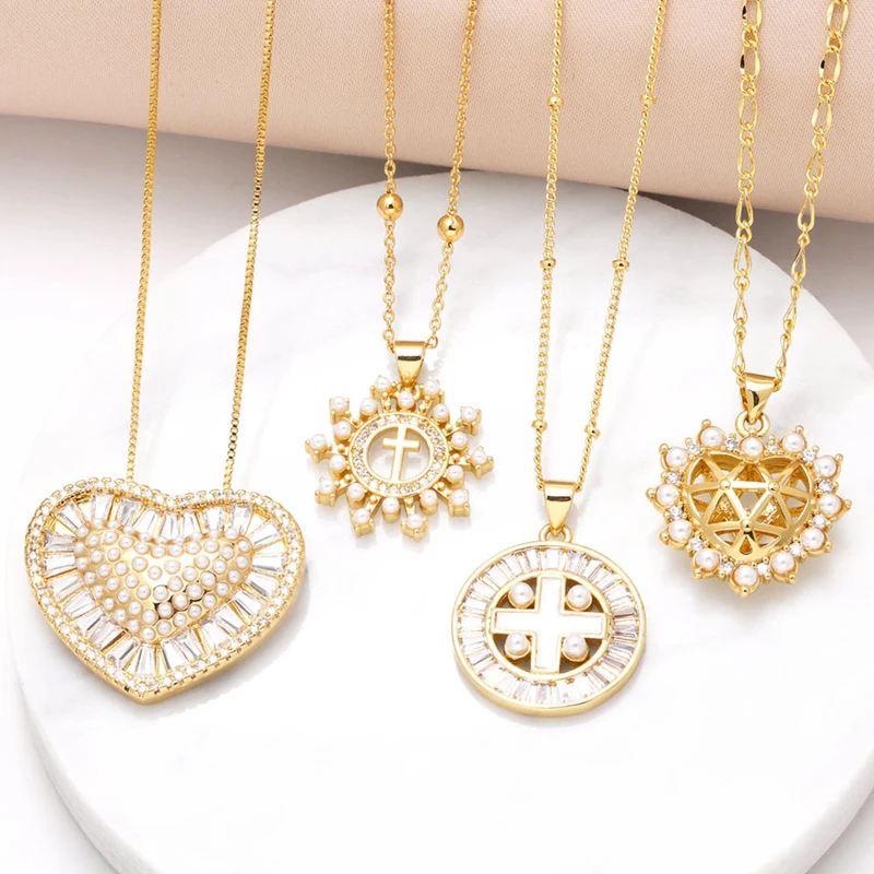 Jewelry European and American love pearl cross pendant necklace gold-plated zircon clavicle chain nkb146