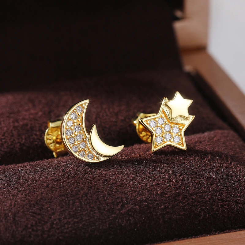 Small fresh and high-end earrings, creative asymmetrical star and moon earrings, niche elegant and fashionable earrings
