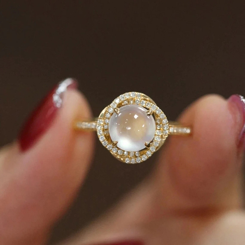  European and American temperament lady ring micro inlaid zircon imitation moonstone ring fashionable women's jewelry