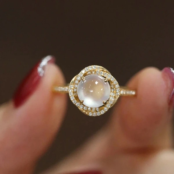  European and American temperament lady ring micro inlaid zircon imitation moonstone ring fashionable women's jewelry