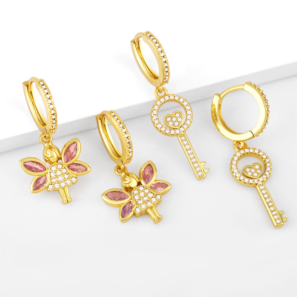 Trendy retro simple key earrings earrings European and American zircon butterfly elf earrings ery49