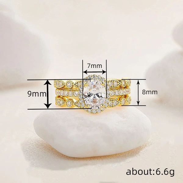  Wedding niche oval ring three-piece set fashionable French temperament ring popular wedding jewelry