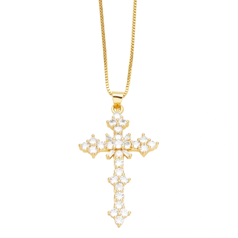 European and American jewelry micro-inlaid colored zircon cross pendant necklace hip hop retro clavicle chain nks87