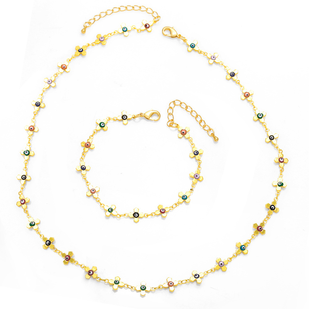 Hot selling personalized jewelry set color oil drop devil eye flower clavicle necklace bracelet female nkb532