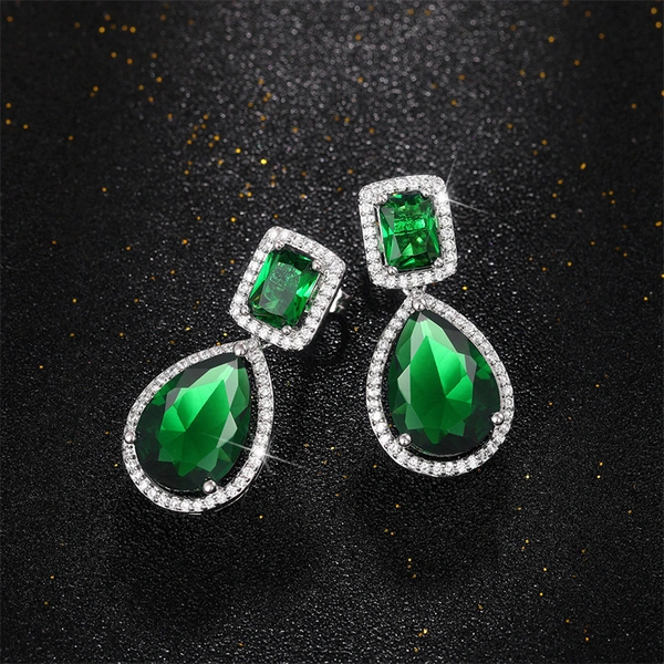 European and American classic teardrop earrings with micro-emerald and pear-shaped zircon long earrings for brides and evening parties