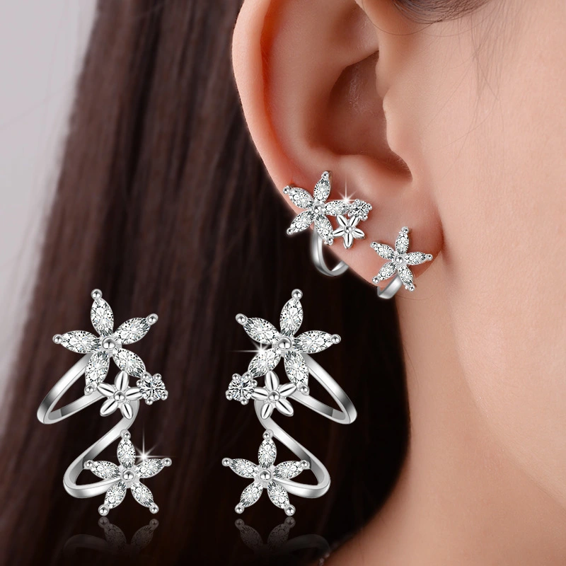 Sweet and cool style lady flower arc ear clip fashionable and versatile zircon ear studs new temperament women's earrings