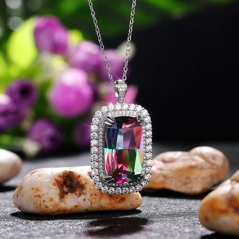 European and American light luxury necklace 15*25mm super large colored zircon necklace luxury two-color gemstone pendant