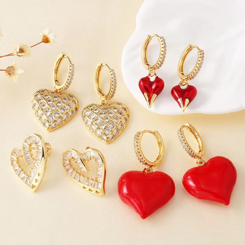 AS jewelry inlaid zircon copper plated real gold love heart shaped oil drop earrings earrings earrings ery54