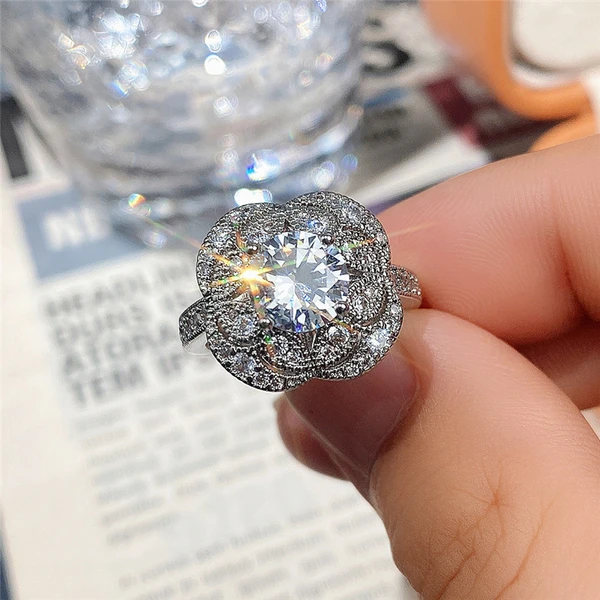 Fashionable national style jewelry retro flower zircon ring exquisite flower round diamond women's ring