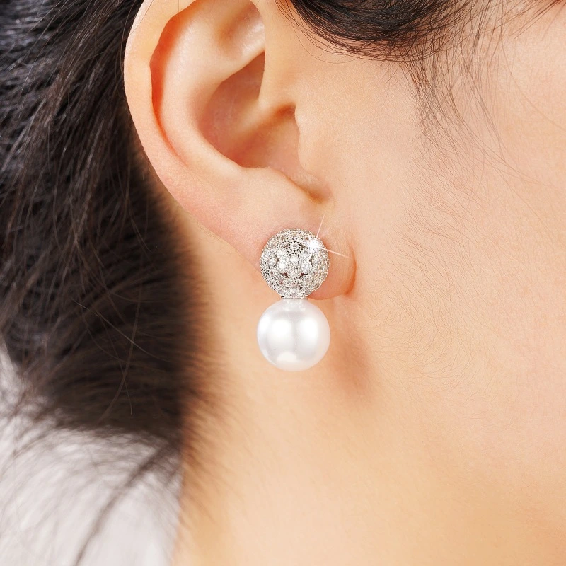 Factory direct sale earrings for women, full diamond imitation pearl princess earrings, round geometric dress accessories