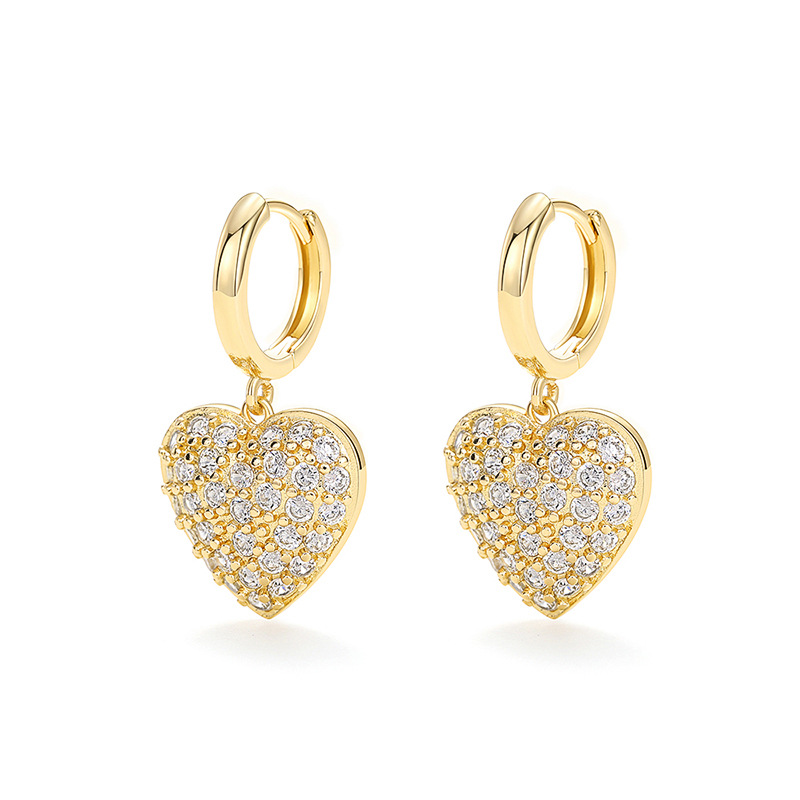  Inlaid zircon love heart earrings for women, fashionable and elegant gold-colored jewelry, popular and elegant everyday style