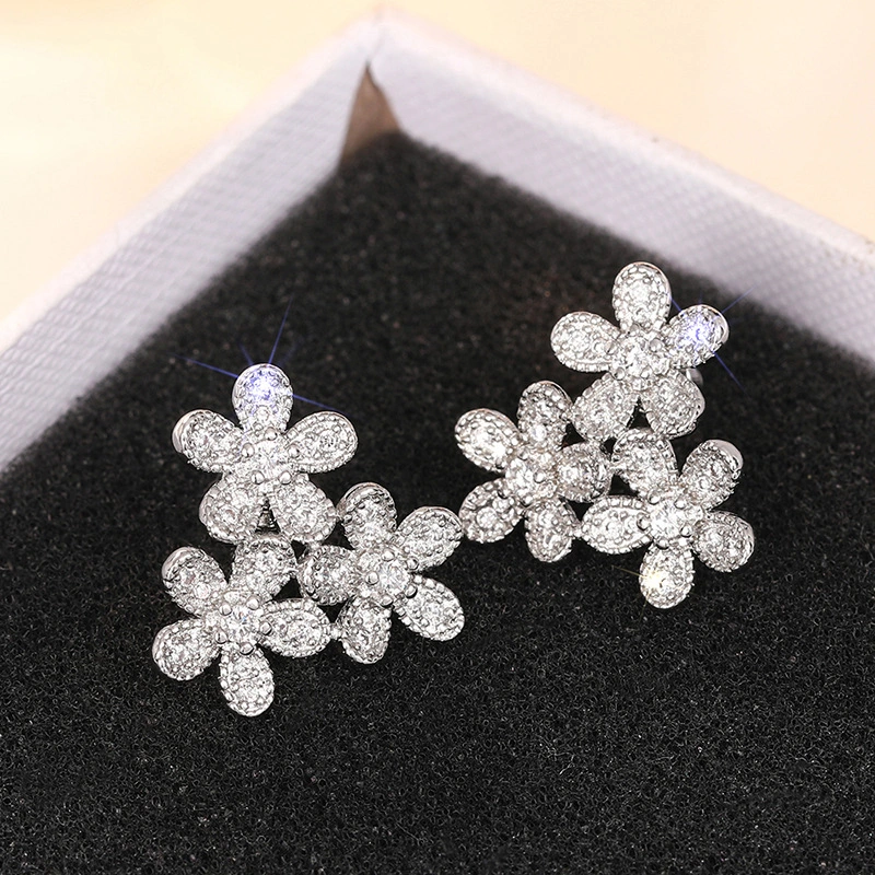 Flower earrings for women, elegant ladies, daily matching earrings inlaid with zircon, popular shining earrings