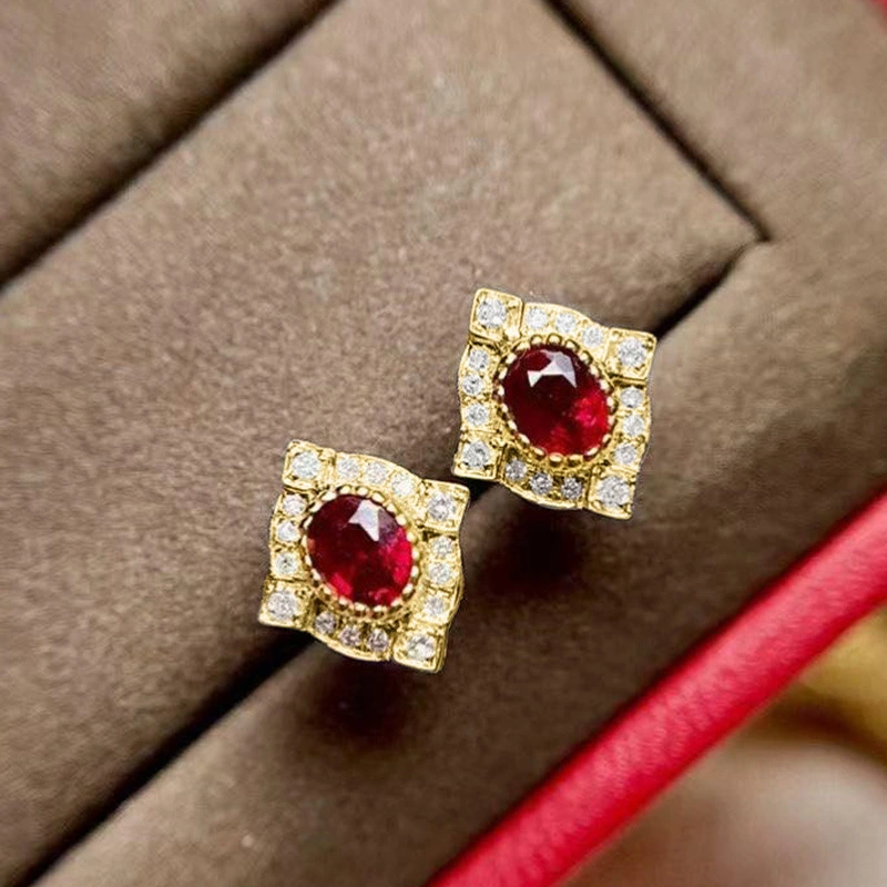 Ruili Colored Gemstone Series Earrings Palace Retro Imitation Red Corundum Zircon Earrings Anniversary Gift