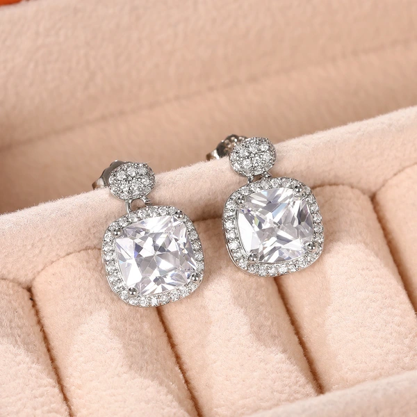 European and American new super flash square zircon short earrings versatile light luxury square retro earrings for women