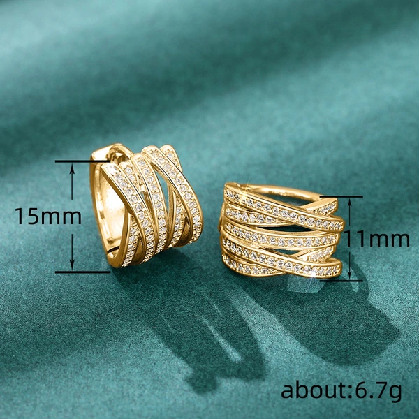 Multi-layer cross earrings with multiple rings and diamonds, elegant earrings for banquets, high-end fashion earrings