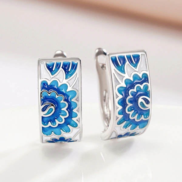 Metal painting oil ancient style earrings for women small fresh gradient flower ring blue and white porcelain elegant exquisite earrings
