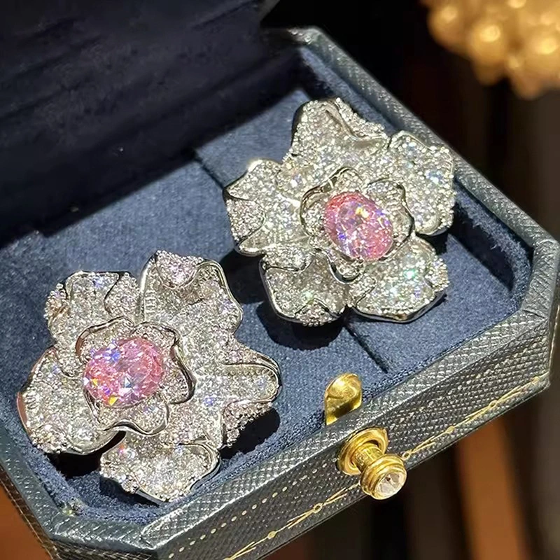 Japanese and Korean live broadcast light luxury earrings for women flower lily jewelry full diamond geometric design jewelry