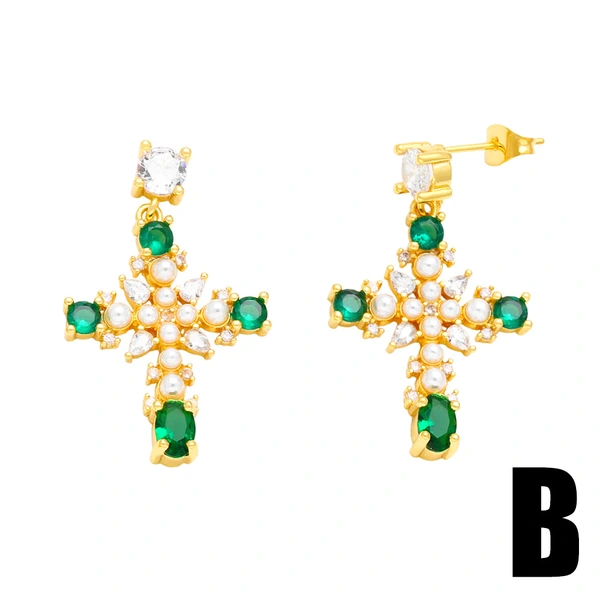 European and American cold style geometric chain earrings retro temperament versatile diamond pearl cross earrings female era279