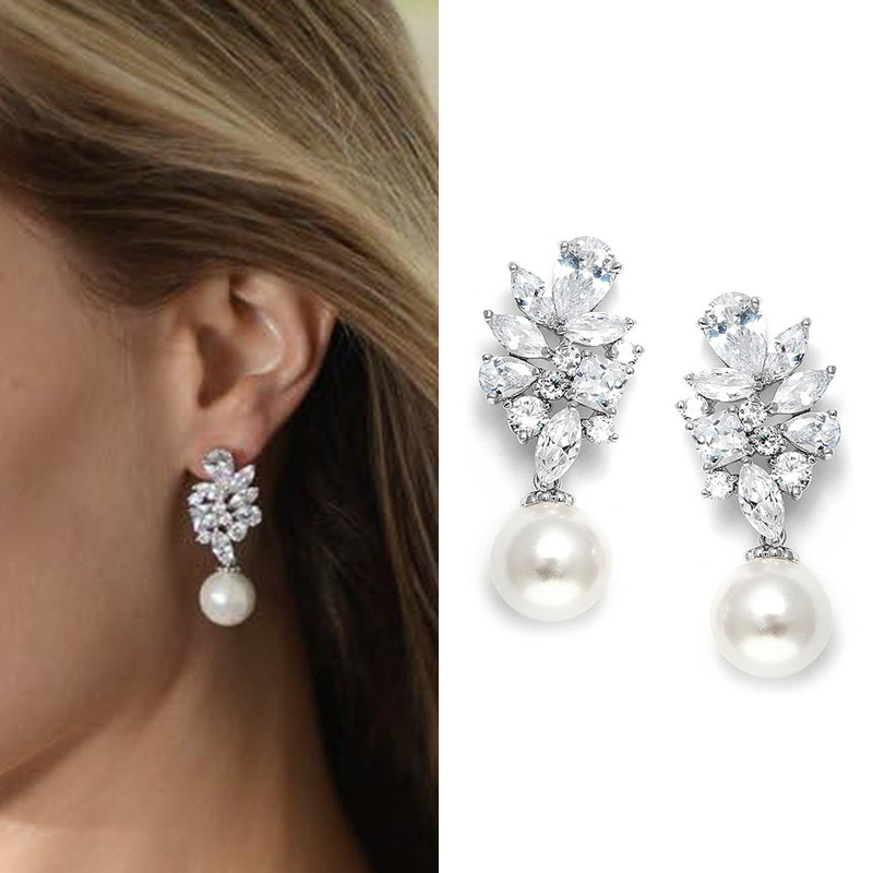 Bridal wedding light luxury style earrings for women imitation pearl floral water drop jewelry high-end evening dress accessories