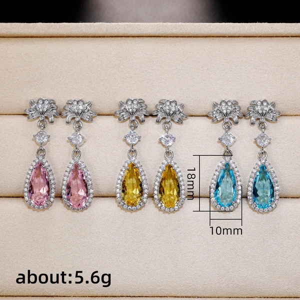 Internet celebrity live broadcast new long water drop pear-shaped flower earrings simulated yellow diamond topaz pink diamond earrings
